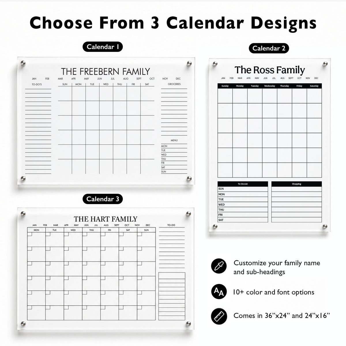 Three personalized acrylic family wall calendar design options