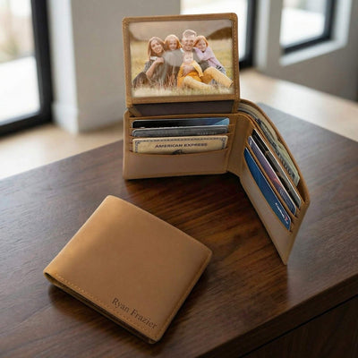 custom engraved leather wallet with inserted cards and family photo