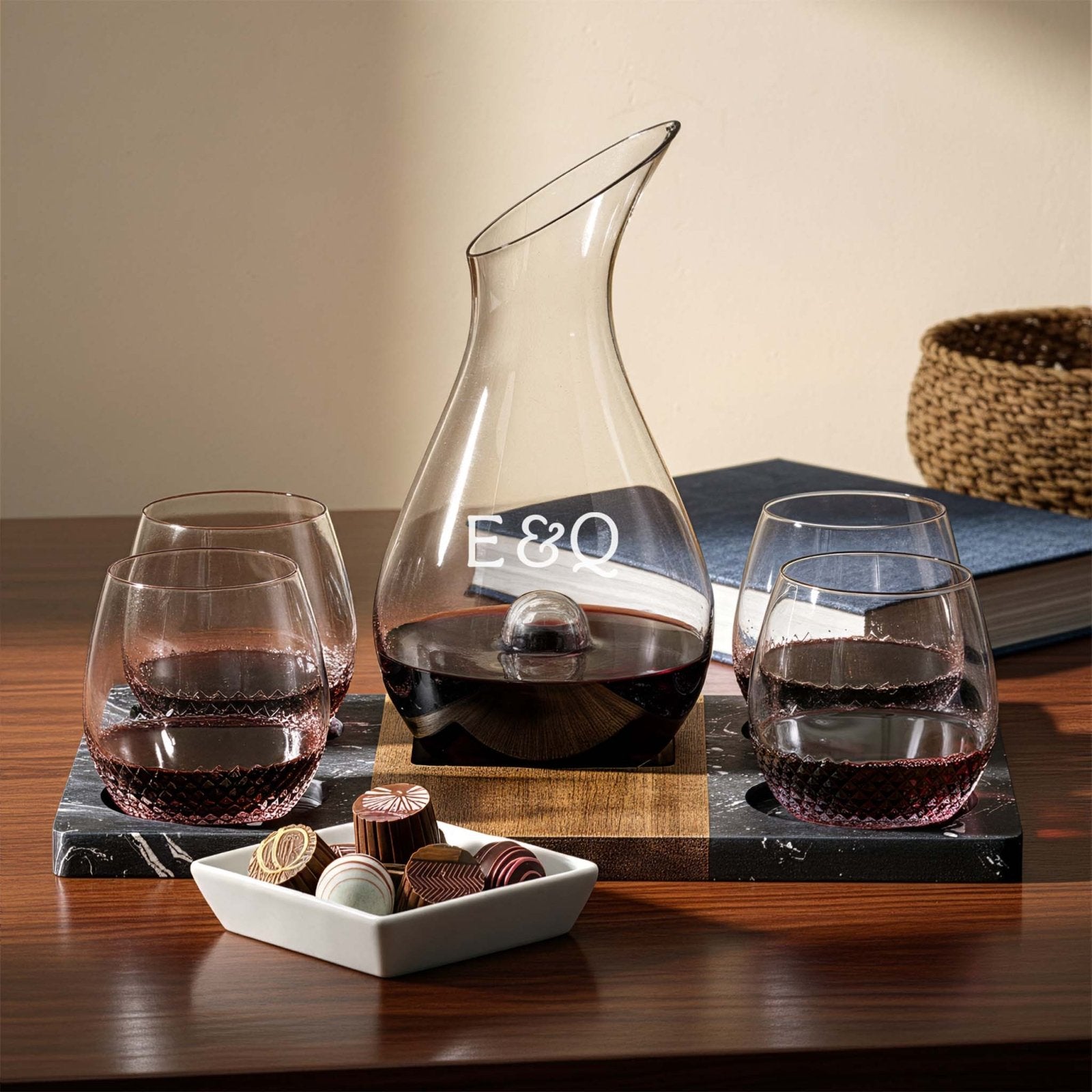 Reims Wine Gift Set - Winslow Marble Serving Tray, Personalized Wine Decanter & Avignon Glasses