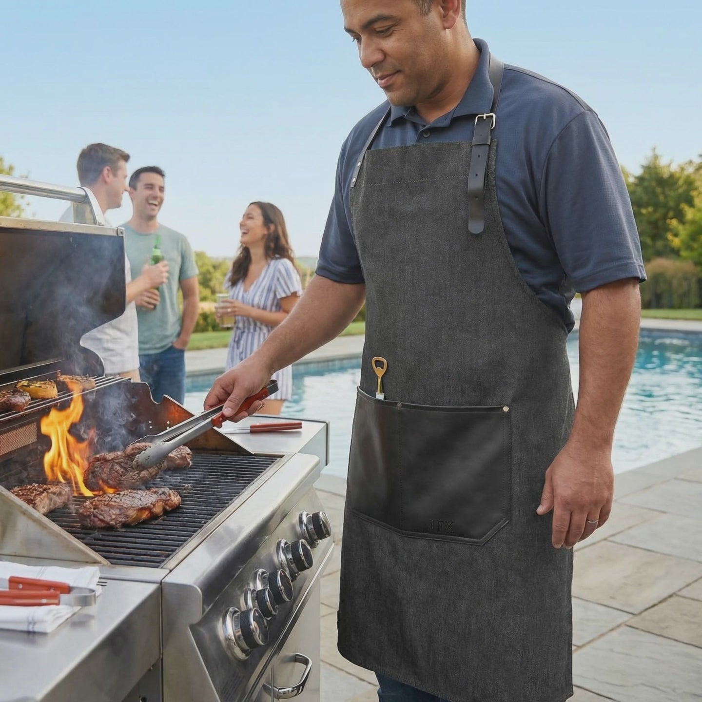 man grilling bbq in Demin apron with pockets