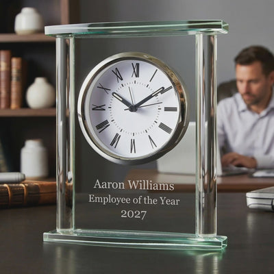 Video of employee of the year glass clock plaque