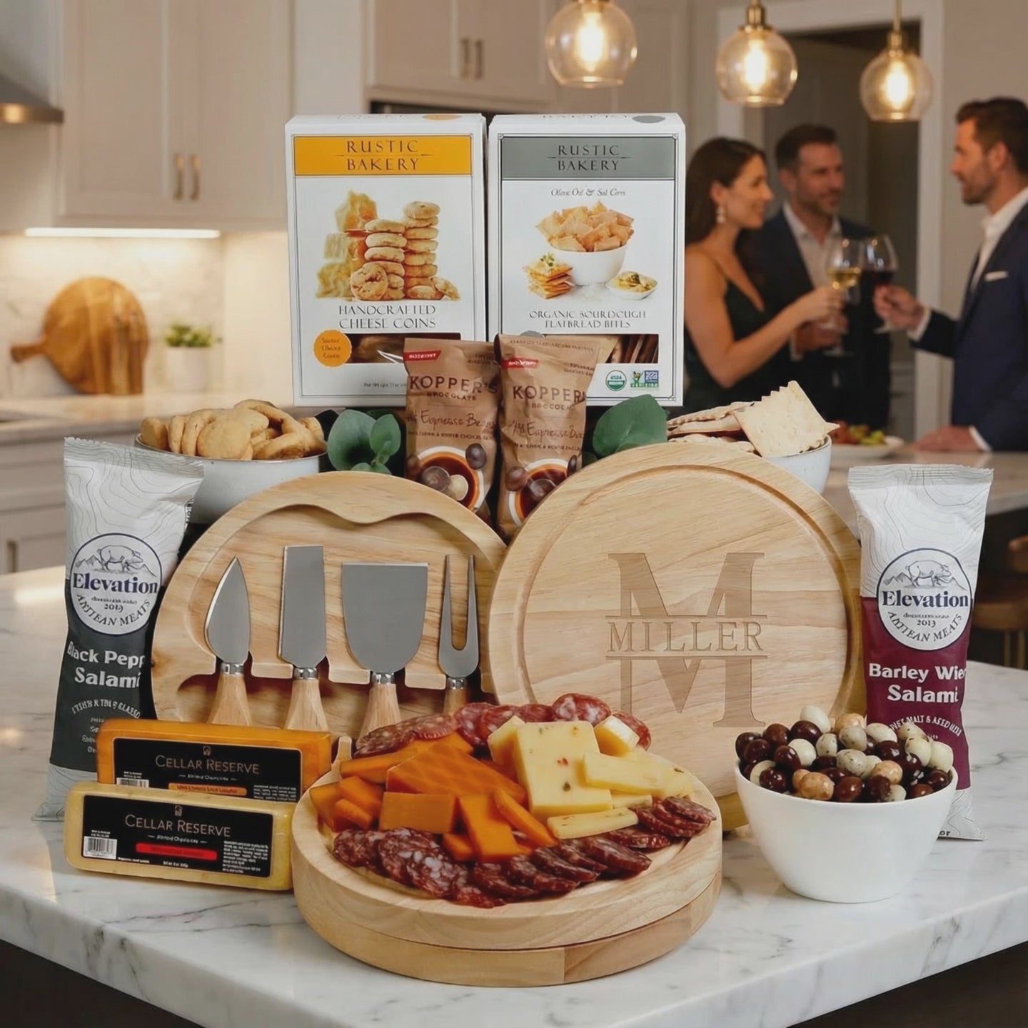food gift basket with meat and cheese and cutting board