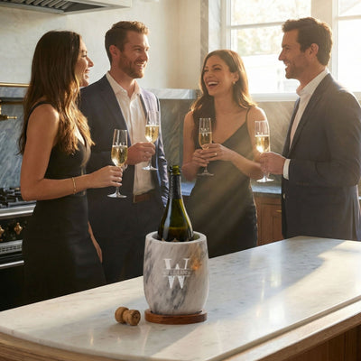 group of people enjoying the Champagne Chiller w/ Flute Glasses - White Marble