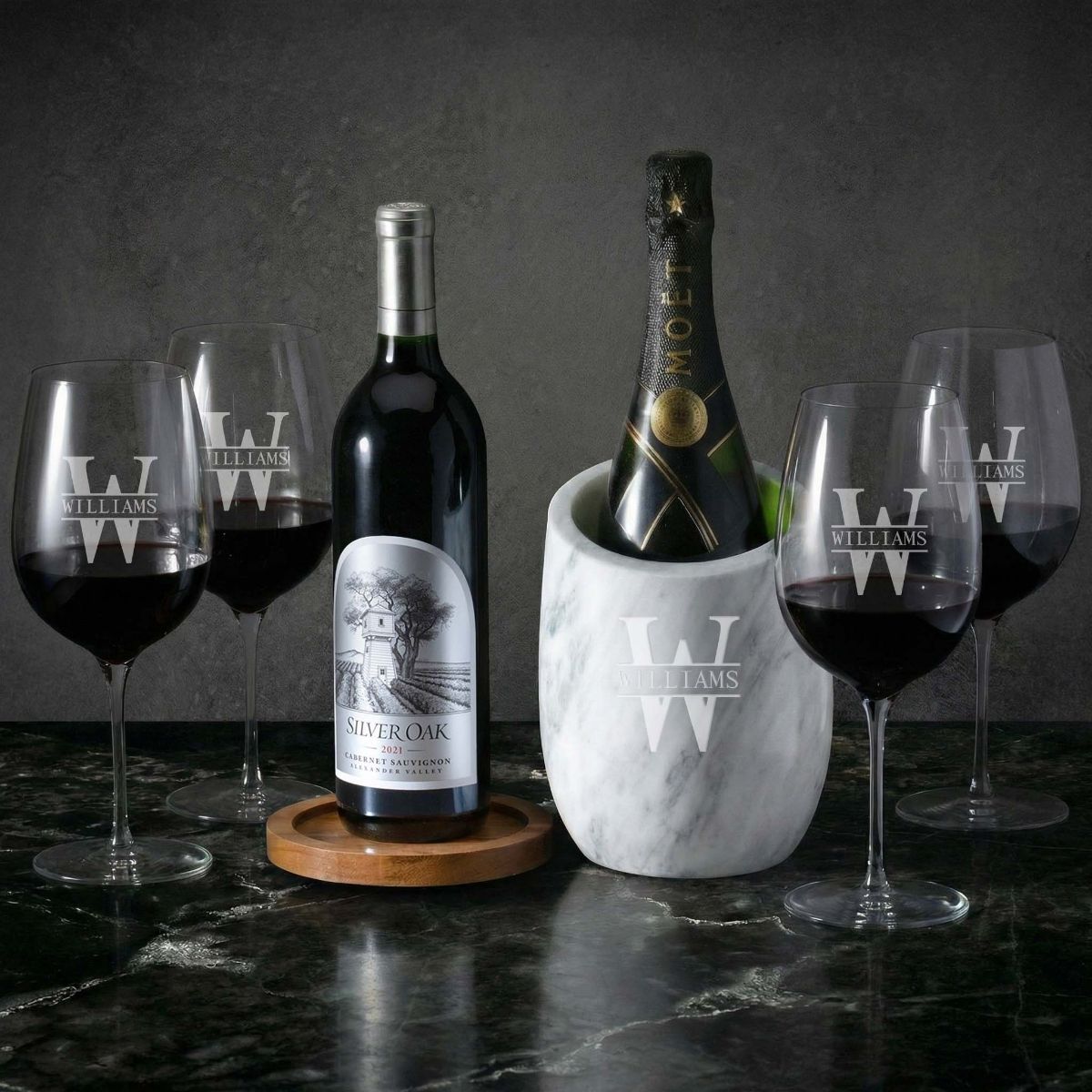 Reed Marble Champagne & Wine Chiller w/ Red Wine Glasses