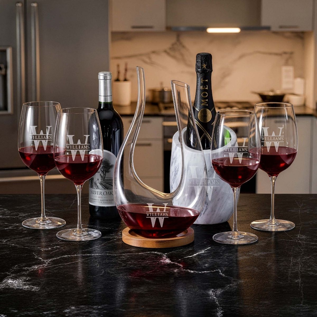 Reed Marble Wine Chiller Set w/ Dolcetto Decanter and Wine Glasses in a kitchen setting