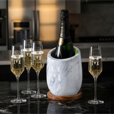 marble champagne & wine chiller with 4 flute glasses, all custom engraved