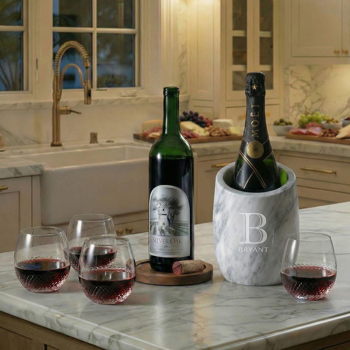 Reed Wine Chiller Gift Set w/ Avignon Glasses - White Marble