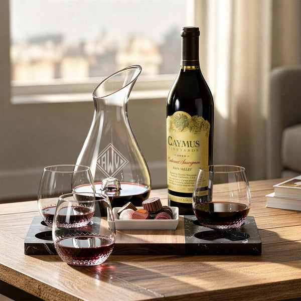 Wine Gift Set - Marble Serving Tray, Wine Decanter & Avignon Glasses in a living room setting