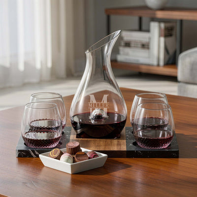 Personalized Wine Gift Set - Winslow Marble Serving Tray, Slant Wine Decanter & 4 Avignon Glasses in a table