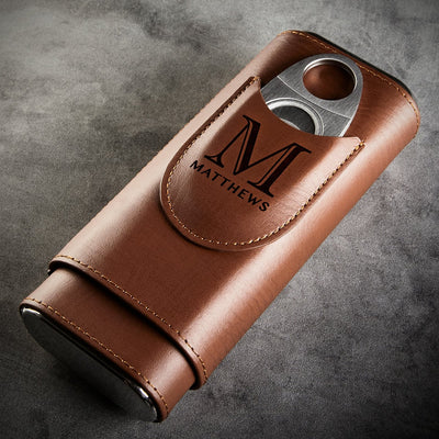 Richmond Custom Leather Cigar Travel Case - Cedar Lined Travel Cigar Holder Brown