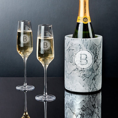 Stolzle Personalized Champagne Flutes with White Marble Champagne Bottle Chiller