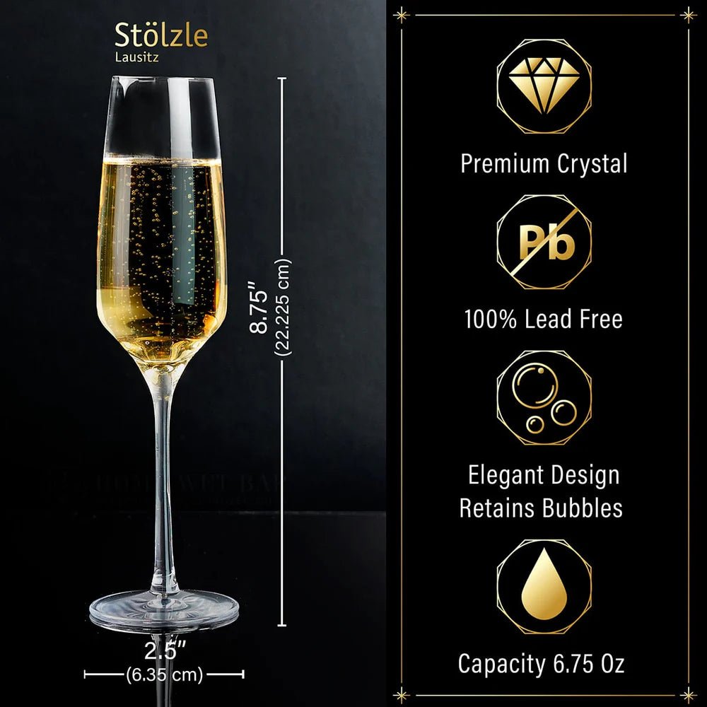Stolzle Personalized Champagne Flutes with White Marble Champagne Bottle Chiller
