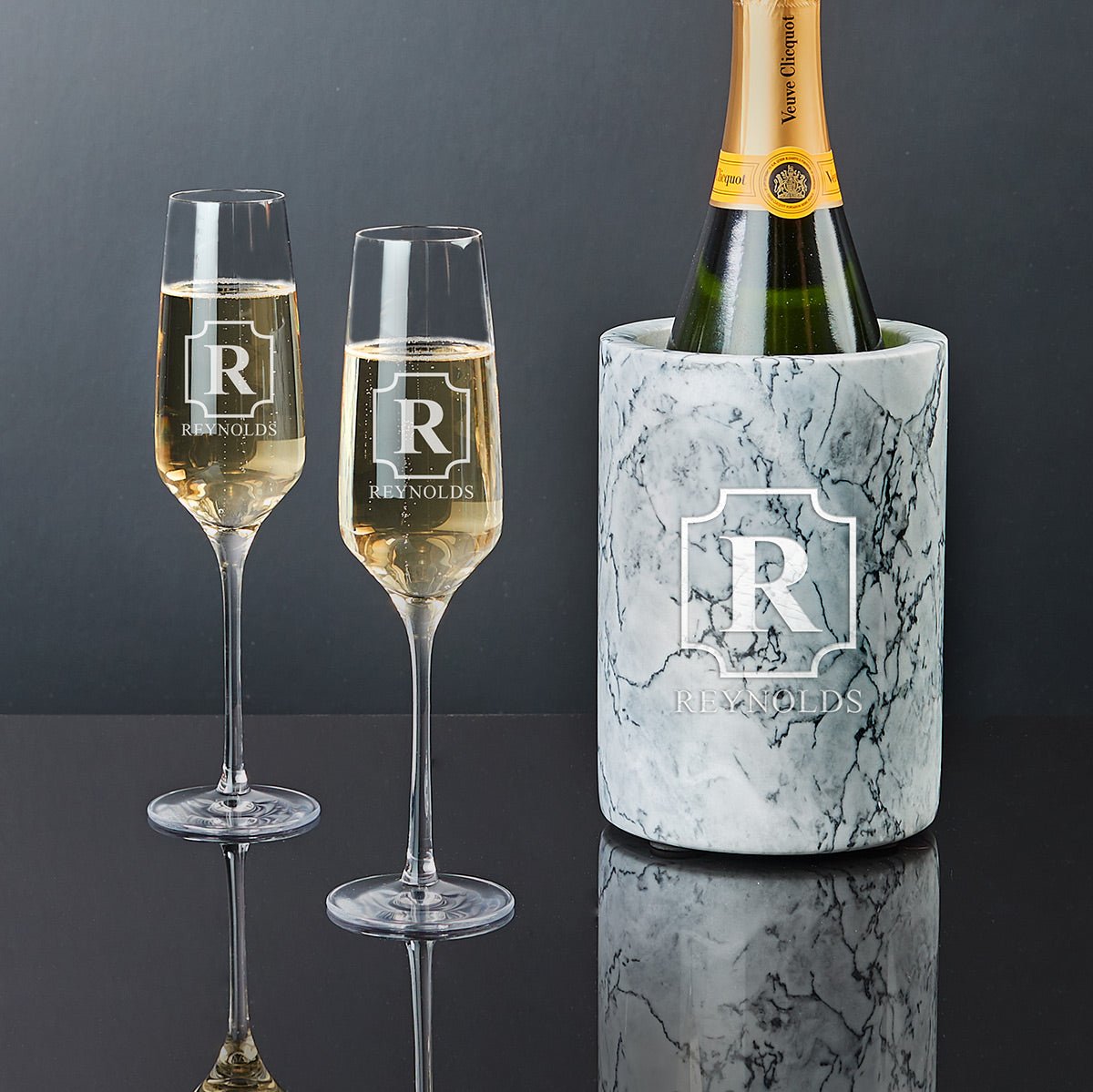 Stolzle Personalized Champagne Flutes with White Marble Champagne Bottle Chiller