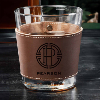 Stratford Whiskey Glass with Custom Leather Wrap, Brown