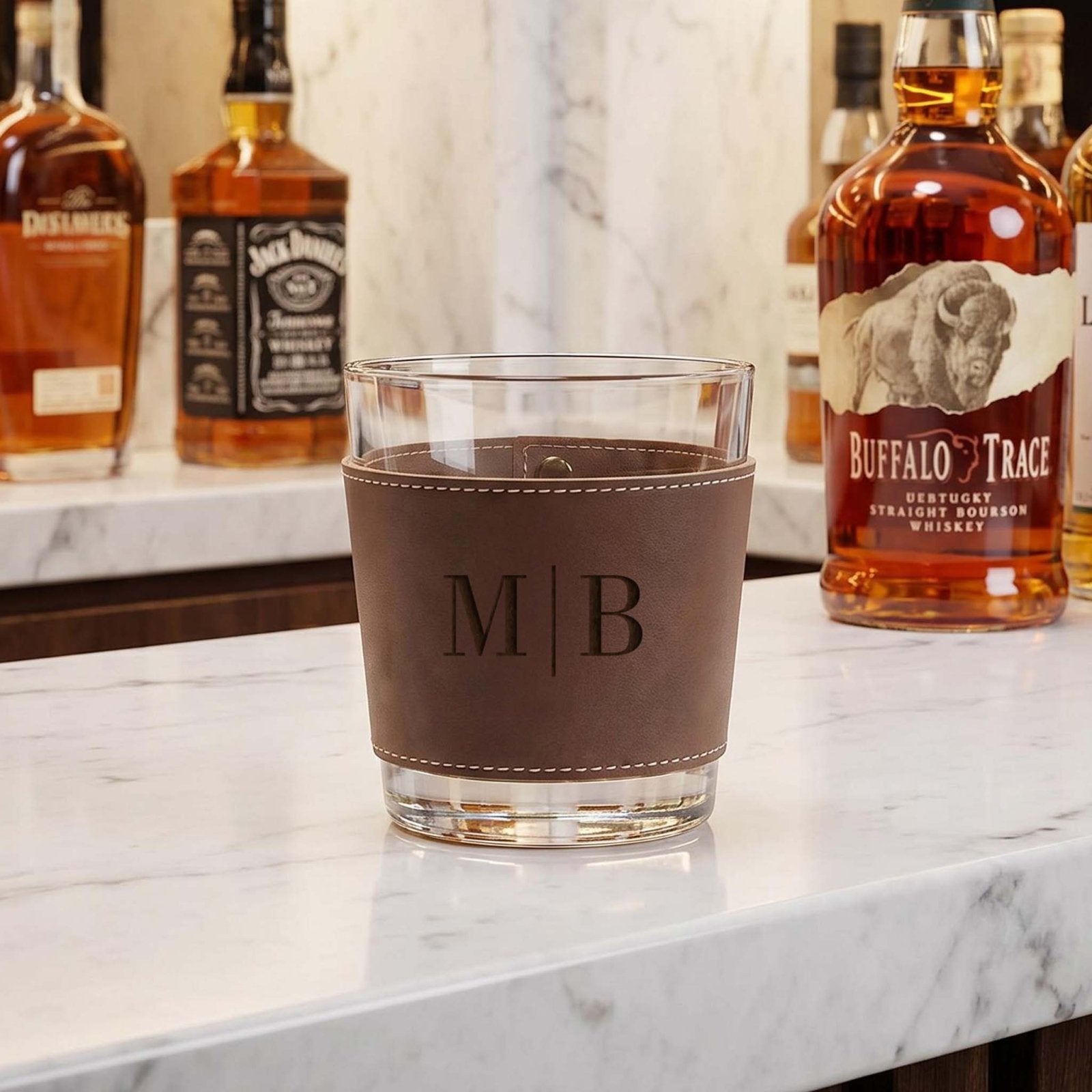 Stratford Whiskey Glass with Custom Leather Wrap, Brown