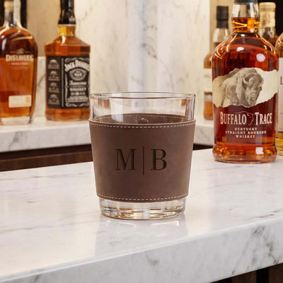 Stratford Whiskey Glass with Custom Leather Wrap, Brown