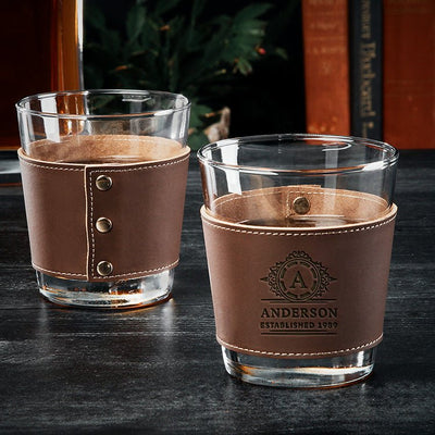 Stratford Whiskey Glasses with Custom Leather Wrap, Set of 2