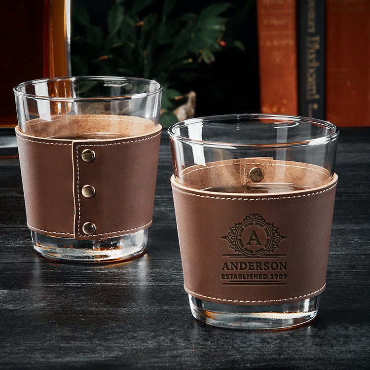 Stratford Whiskey Glasses with Custom Leather Wrap, Set of 2