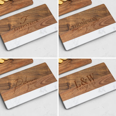Trieste Personalized Marble Cutting Board - White Marble and Acacia Wood Cheese Board 16 x 9 x 1 inch