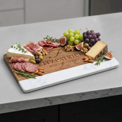 Trieste Personalized Marble Cutting Board - White Marble and Wood Charcuterie Board for Cheese 16 x 9 x 1/2 inch