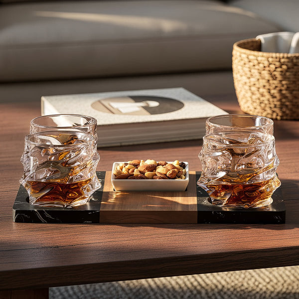 Winslow Cocktail Serving Tray Set w/ 4 pc Sculpted Whiskey Glasses