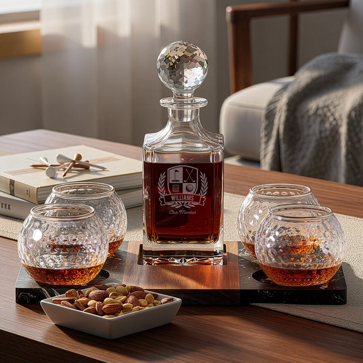 Winslow Whiskey Golf Set - Serving Tray w/ Custom Golf Decanter & Golf Ball Glasses in a living room setting