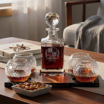Winslow Whiskey Golf Set - Serving Tray w/ Custom Golf Decanter & Golf Ball Glasses in a living room setting