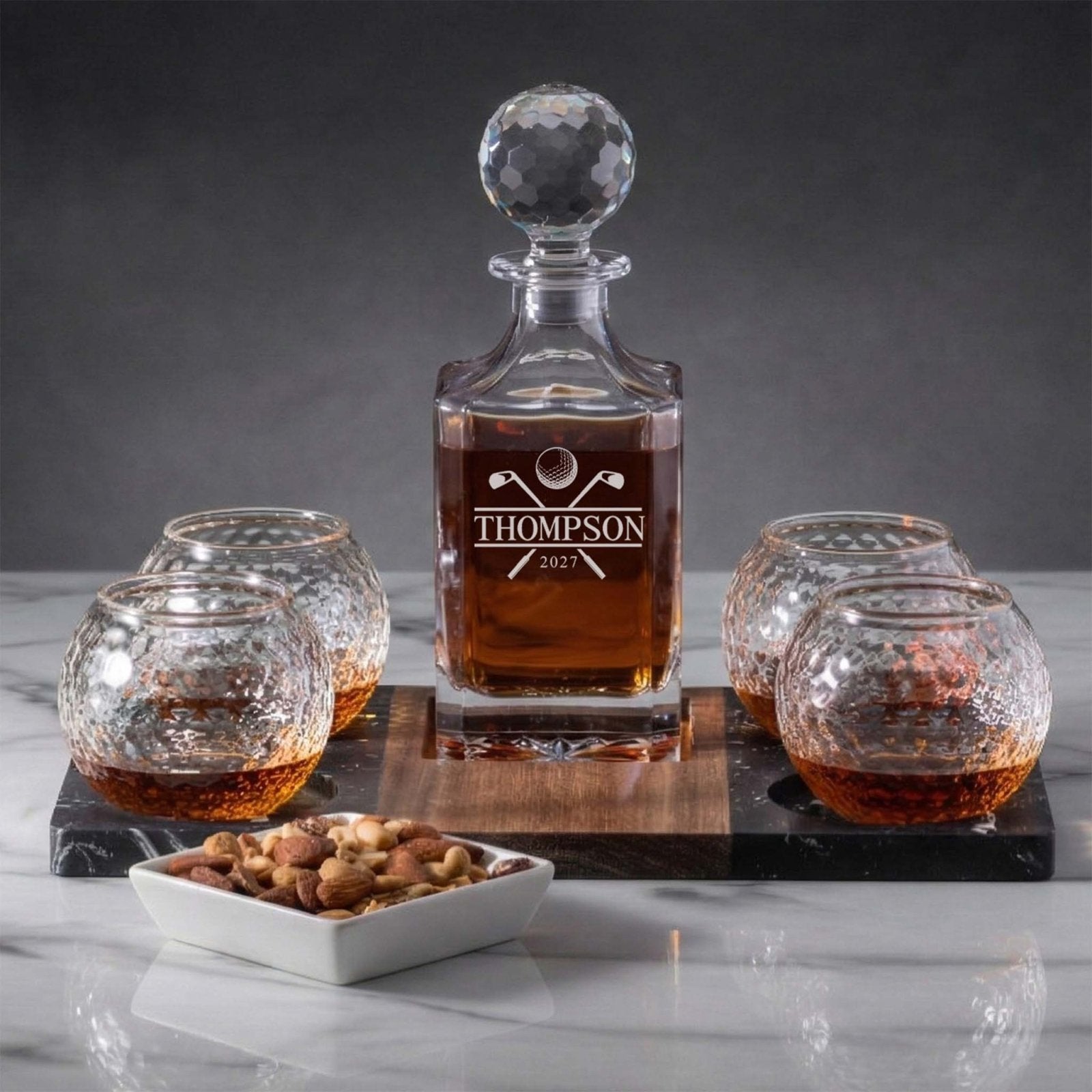 Winslow Whiskey Golf Set - Serving Tray w/ Golf Decanter & Golf Ball Glasses, with whiskey and nuts